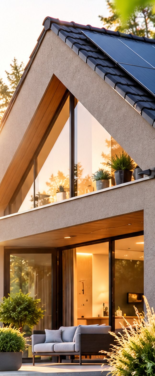 Maison rénovée avec panneaux solaires en toiture, au soleil couchant